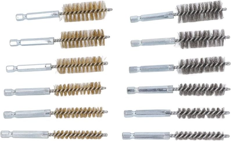 Set mit 12 Bohrbürsten aus Messing und gedrehtem Stahl mit 1/4"-Sechskantschaft für Schlagbohrmaschinen in 12 Größen