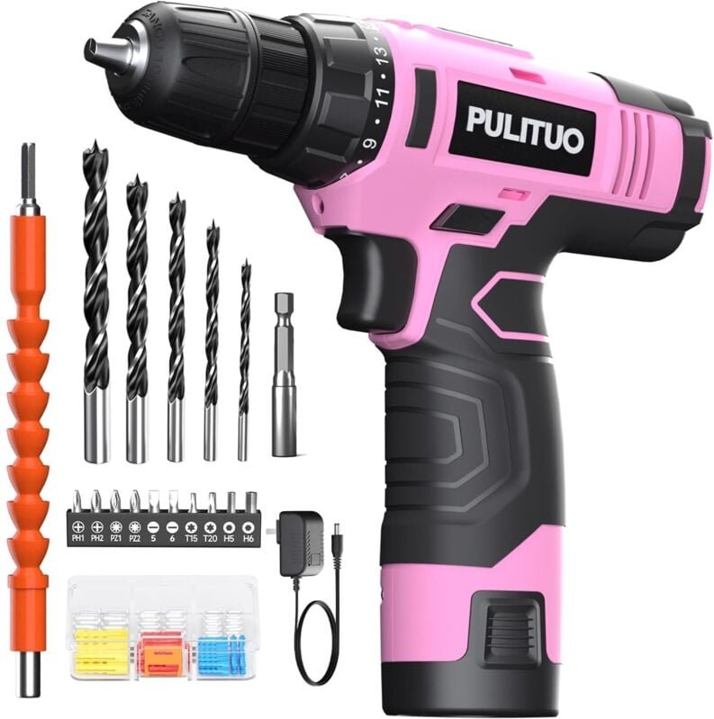 PULITUO 12 V rosa Akku-Bohrschrauber-Set mit Akku und Ladegerät, Bohrmaschine, Heimwerker, 3/4 Zoll Schnellspannbohrfutt...