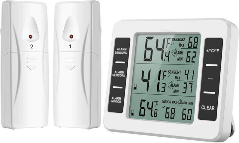 Kühlschrankthermometer mit Gefrierschrankalarm, kabelloses Innen-/Außenthermometer mit 2 Sensoren, MIN/MAX-Anzeige und T...