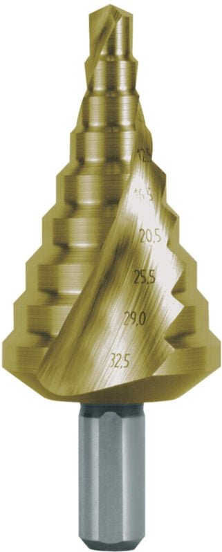 Stufenbohrer HSS-TiN spiralgenutet mit Kreuzanschliff für metrische Kabelverschraubungen Gr. 15 ø 6,5 - 32,5 mm - 101092...