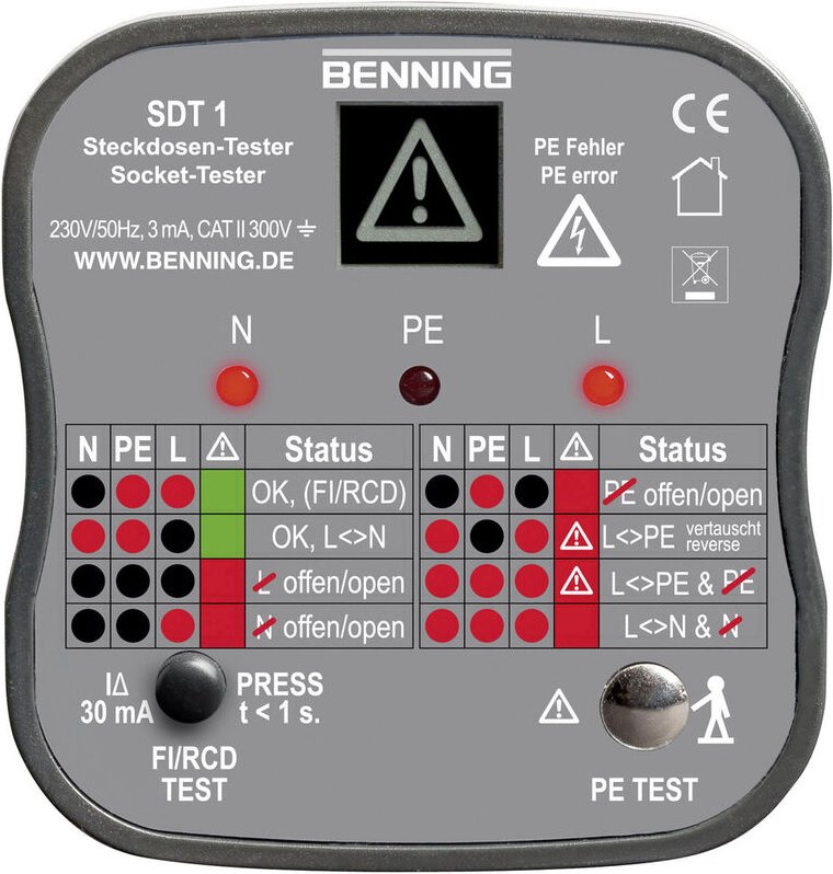 Benning - sdt 1 Steckdosentester cat iii 300 v led, lcd