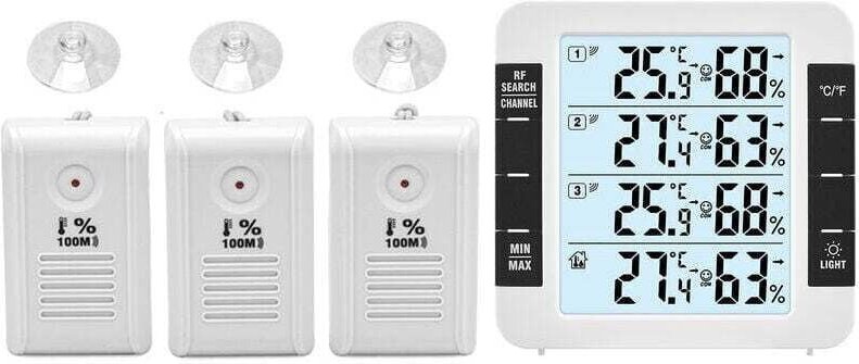 Digitales 3-Kanal-Thermo-Hygrometer für Innen- und Außenbereich mit Fernsensor, 100 m Reichweite, hintergrundbeleuchtete...