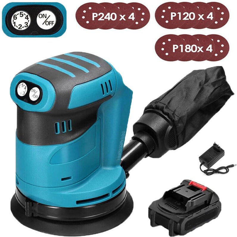 Mawiron - Exzenterschleifer, 125 mm kabelloser bürstenloser 18-V-Exzenterschleifer, mit 12 Schleifpapieren und Staubbeut...