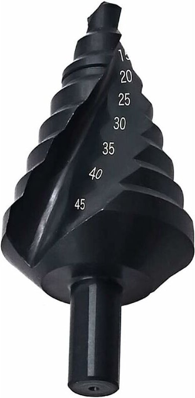 HSS-Stufenbohrer 10–45 mm, Spiralnut, Dreiecksgriff, Nitril, Pagode, Schwanzbohrer mit Bohrer, schwarz