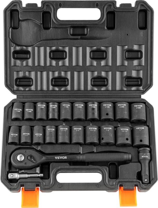 VEVOR Profi Steckschlüsselsatz CR-V-legierter Stahl 23-tlg Steckschlüssel Satz 13-24 mm Tiefe Stecknüsse Schlagschrauber...