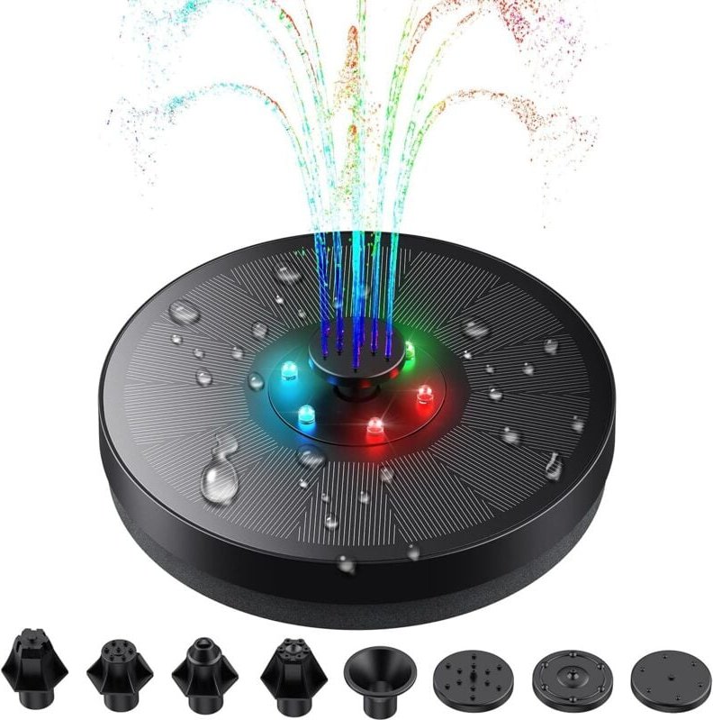 Vtizikl Pompe Solaire pour Fontaine avec lumières LED, Fontaine Solaire de 3W avec 7 Buses et Une Batterie de 900mAh, Po...