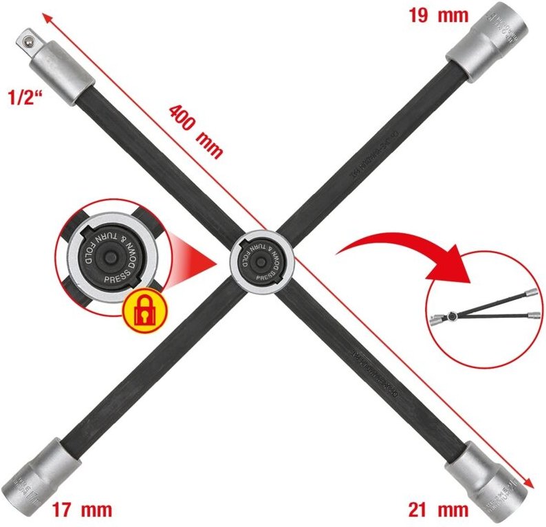 KS Tools Rad-Kreuzschlüssel mit Gleitgelenk für PKW, 1/2x17x19x21 mm