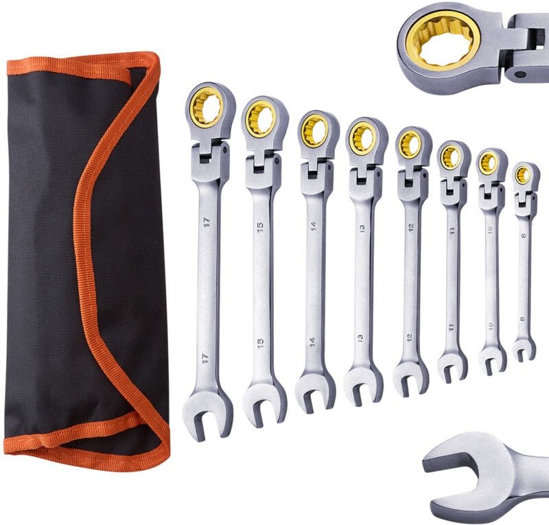 Mophorn 8-teiliger Ratschenschlüsselsatz mit flexiblem Kopf, Maulschlüssel aus Cr-V-Stahl mit Rolltasche, metrisch 8 mm ...