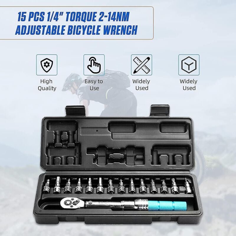 15-teiliger 1/4-Zoll-Drehmomentschlüssel, 2–14 Nm, einstellbarer Drehmomentschlüssel, Verlängerungsstange für Fahrrad/MT...