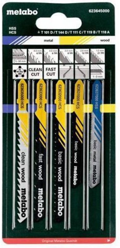Metabo - Stichsägeblattsortiment 2, Holz+Metall+Kunststoffe, 5-teilig, hcs/hss, 4xHolz, 1