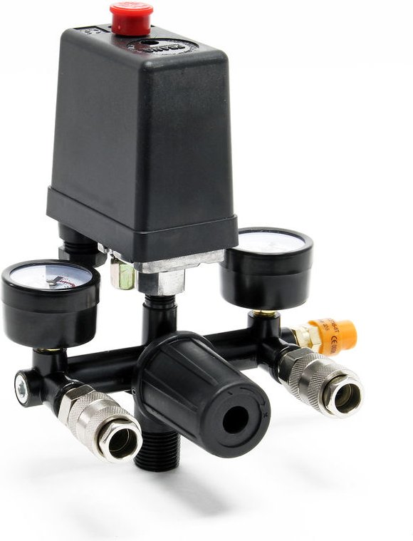 Druckregler 165 x 130 x 200 mm mit Druckschalter für Kompressor mit 2 Anzeigen, 2 Kupplungen und Sicherheitsventil, Druc...