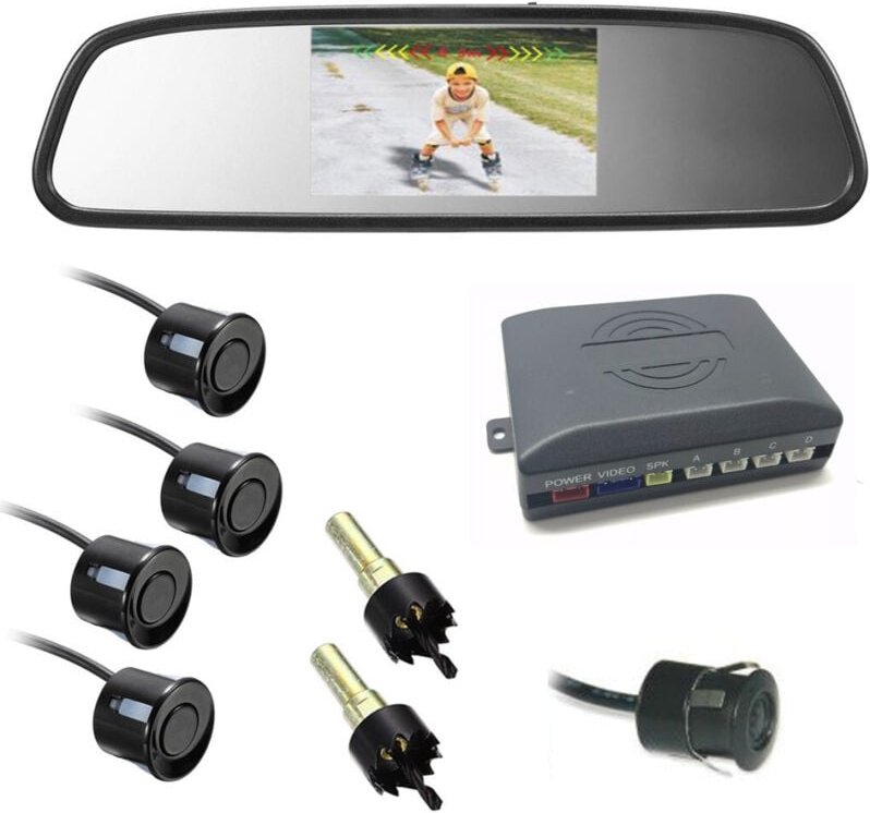 Trade Shop Traesio - Trade Shop - Parkplatz-Set, 4 schwarze Sensoren, Rückfahrkamera, Spiegelmonitor -