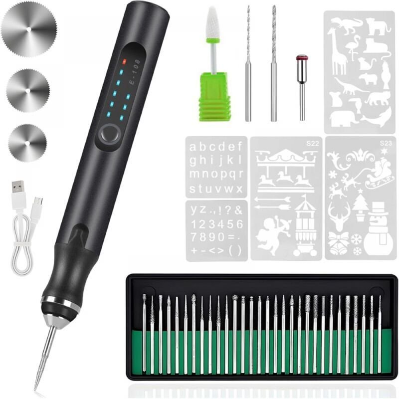Elektrischer Gravierstift – USB-wiederaufladbares Gravierwerkzeug-Set – mit 37 Spitzen und 5 Schablonen (schwarz)