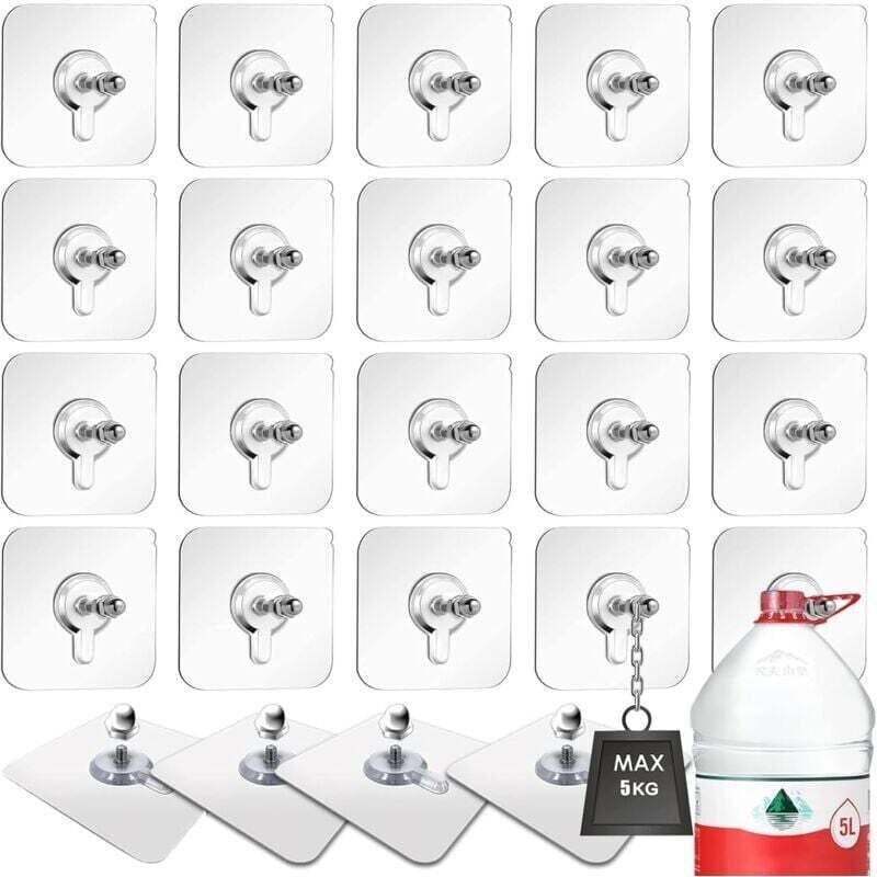 24 selbstklebende, transparente, abnehmbare Wandhaken zum Anbringen ohne Bohren für Bad, Küche und Wohnzimmer.