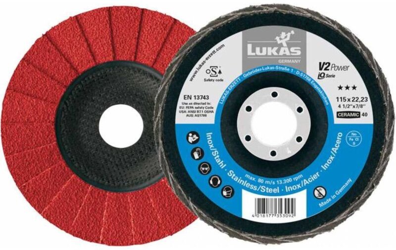 LUKAS Fächerschleifscheibe V2 Power, (CER), flach-schräg für INOX,Ø 125 mm, Körnung: 60