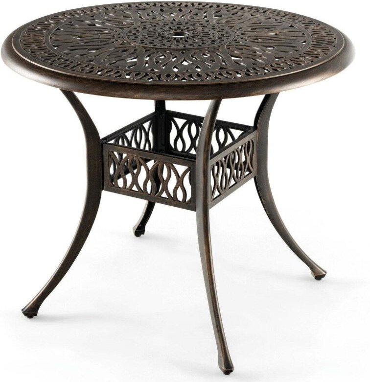 Runder terrassen esstisch bistrotisch aus aluminiumguss mit schirmloch 90 x 74 cm braun