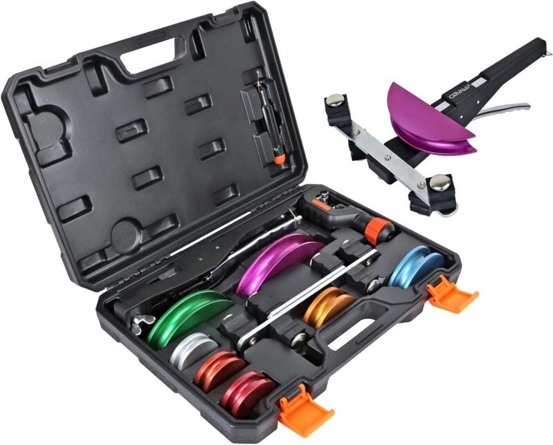 90°-Rohrbiegeset mit Haken: 1/4" bis 7/8" DO mit 7 farbigen Aluminiumköpfen - MODELL LITE (ohne Rückwärtslauf) mit Rohrs...