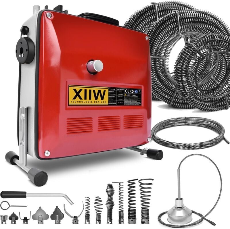 Xiiw - Rohrreinigungsmaschine 850W mit 21m Ø22mm,14.5m Ø16mm, 5m Ø10mm Spirale für Ø20-200mm Rohrleitungen, 12 Köpfe, Ro...