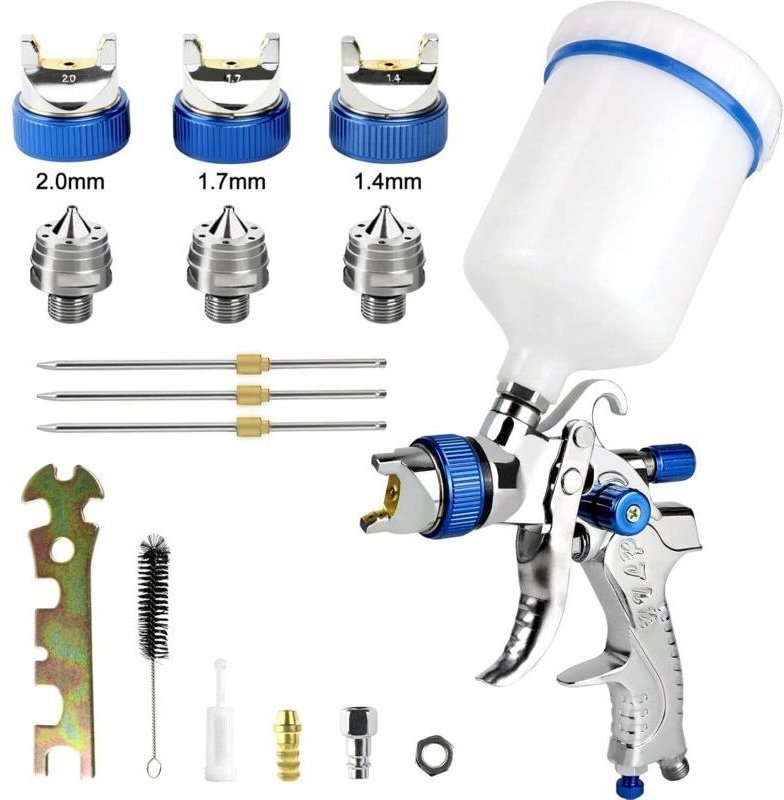 Professionelle Farbspritzpistole mit Schwerkraftzufuhr, 3 Düsen (1,4 mm, 1,7 mm, 2,0 mm) und 600-ml-Farbbecher mit Schwe...