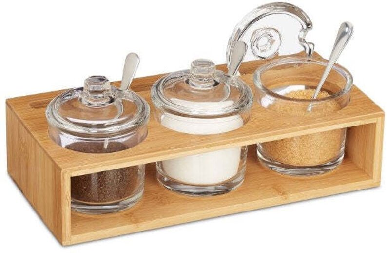 Set of 3 spice jars with bamboo holder