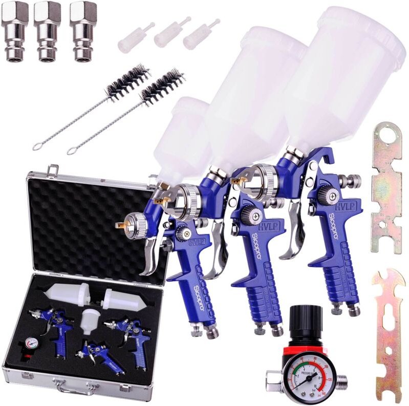 SICOPRO Lackierpistolen im Alukoffer Set HVLP 2x H-827P(1,4+1,7)+H2000 0,8+Zubehör