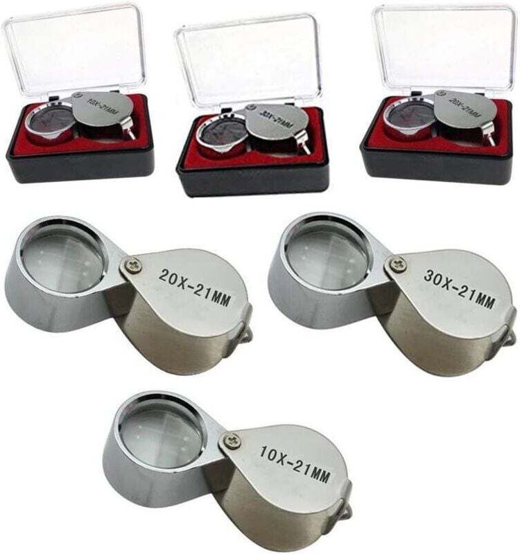 Stück Juwelierlupe (10x/20x/30x) mit Diamantglas, rundem Metallgehäuse, 21 mm Linsendurchmesser, silberfarben