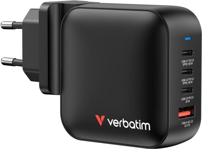 Verbatim Mini GaN 100W Wandladegerät 3xUSB-C PD 1xUSB-A QC 3.0