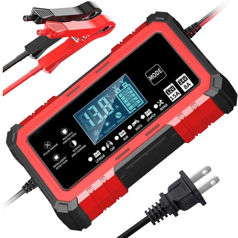 Autobatterieladegerät – Intelligentes Ladegerät 12V 15A/24V 8A – Automatische Reparaturfunktion, tragbar mit LCD-Display...