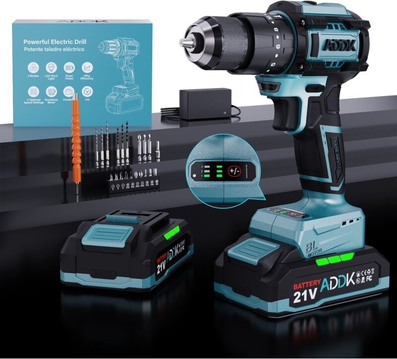 Bohrmaschine 21 V mit 24+3-Gang-Modus – 3 Gänge – 0–1850 U/min – max. Drehmoment 65 Nm – 10-mm-Schnellspannbohrfutter – ...