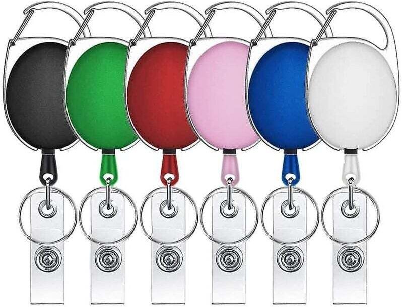 Einziehbarer Schlüsselanhänger mit Karabiner und Ausweisclip, 6 Stück in verschiedenen Farben