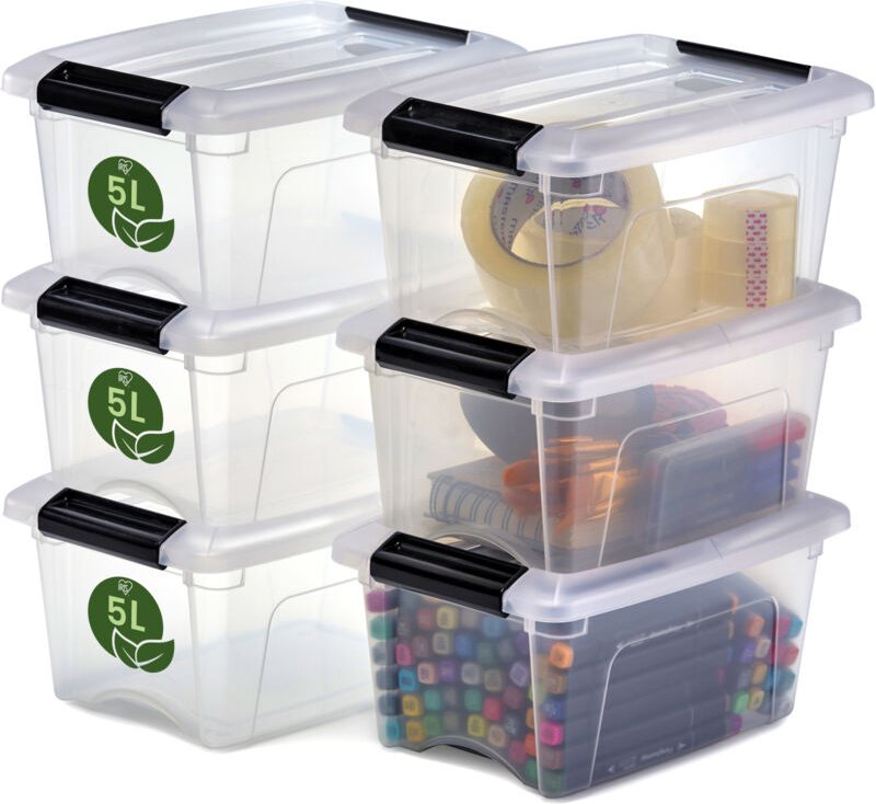 Iris Ohyama, Kleine Aufbewahrungsboxen aus recyceltem Kunststoff, 5L, 6er-Set, transparent, NTB-5