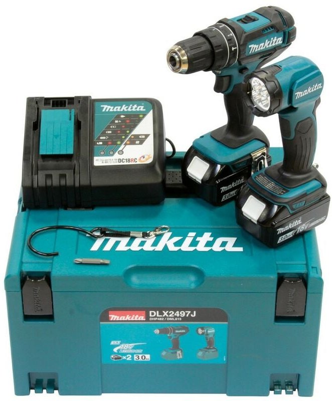 Makita DLX2497J Akku Schlagbohrschrauber DHP482 LED Lampe 2 x 3,0Ah Ladegerät