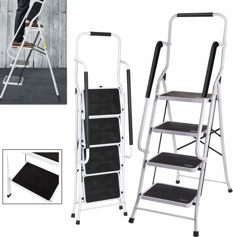 Trittleiter Klappbar 4 Stufen, Stahl Klappstufen mit Handlauf, Anti-rutschfest Haushaltstritt Stehleiter Stabile Leiter ...