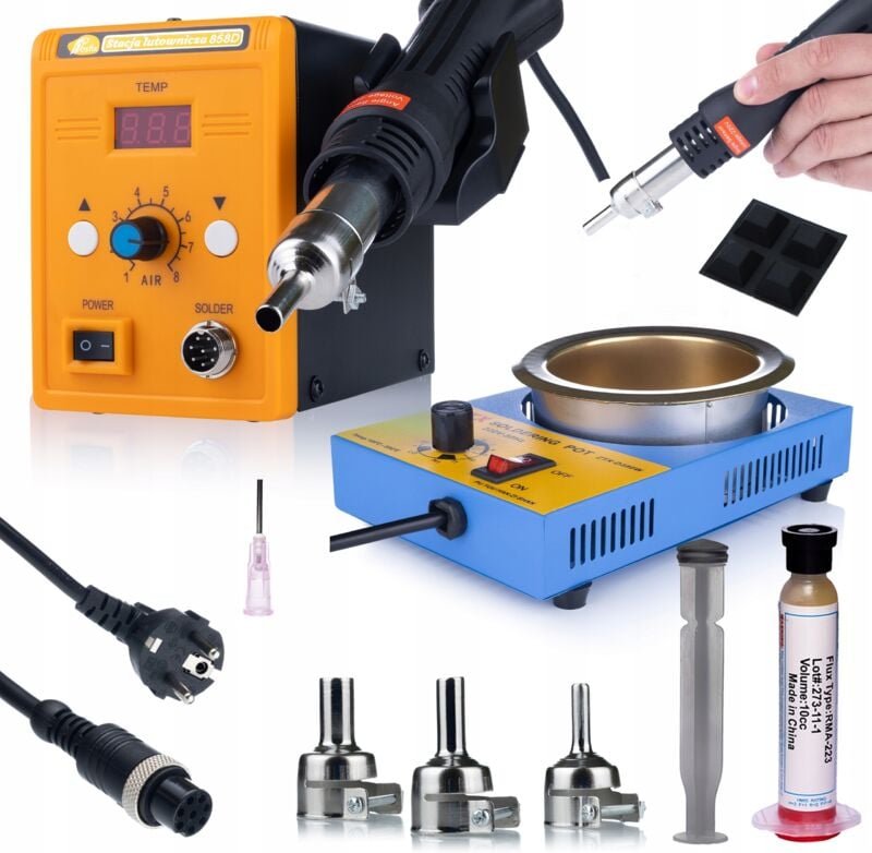Rosfix Set 858D Lötstation – Heißluftstation 700 W mit Temperaturregelung 100–500 °C + 350 W Löttiegel + RMA-223 Flux Fü...