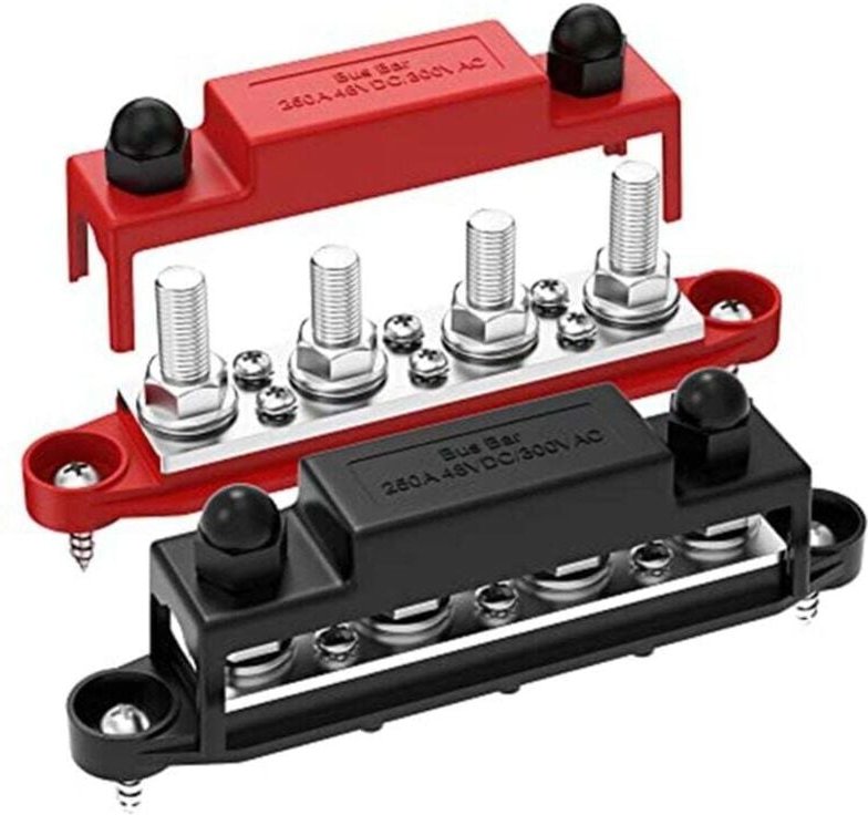 250A 12V Stromschienen-Batterieverteilerblock für Auto-Audio, 12 Volt DC-Stromschiene, 4 x 3/8 Zoll Anschlüsse, 6/8 Schr...