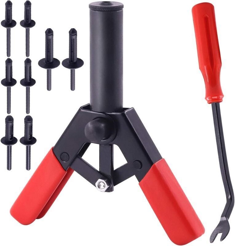 Ein Nietset enthält 40 Nylon-Blindnieten in verschiedenen Größen, ein Ausdrehwerkzeug und eine manuelle Nietzange und ei...