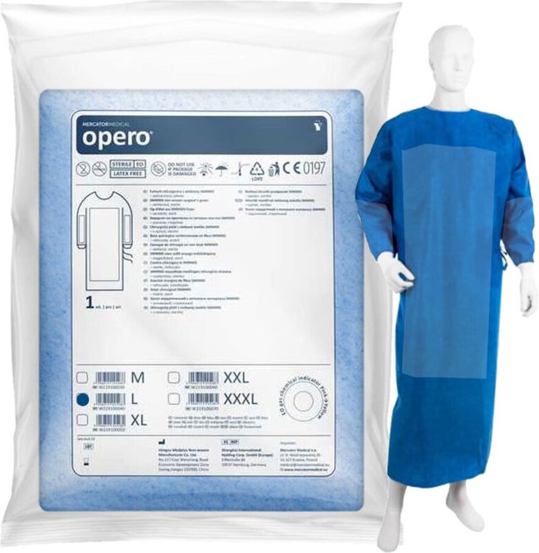 Verstärkter steriler OP-Kittel L mit Bündchen (SMMMS Vliesstoff 35 g + 40 g) 1 Stück.