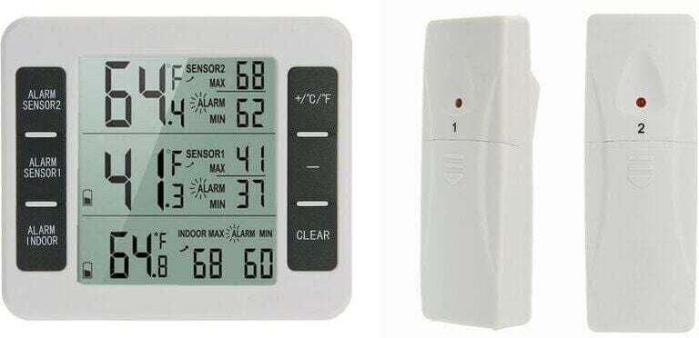 1 Kühlschrank-Gefrierschrank-Thermometer, XU, Kühlschrank ohne 2 Sensoren, akustischer Alarm, Min/Max, Innen/Außen für K...