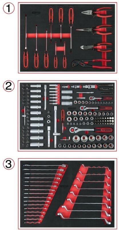 KS Tools Universal-Systemeinlagen-Satz für 3 Schubladen mit 215 Premium-Werkzeugen