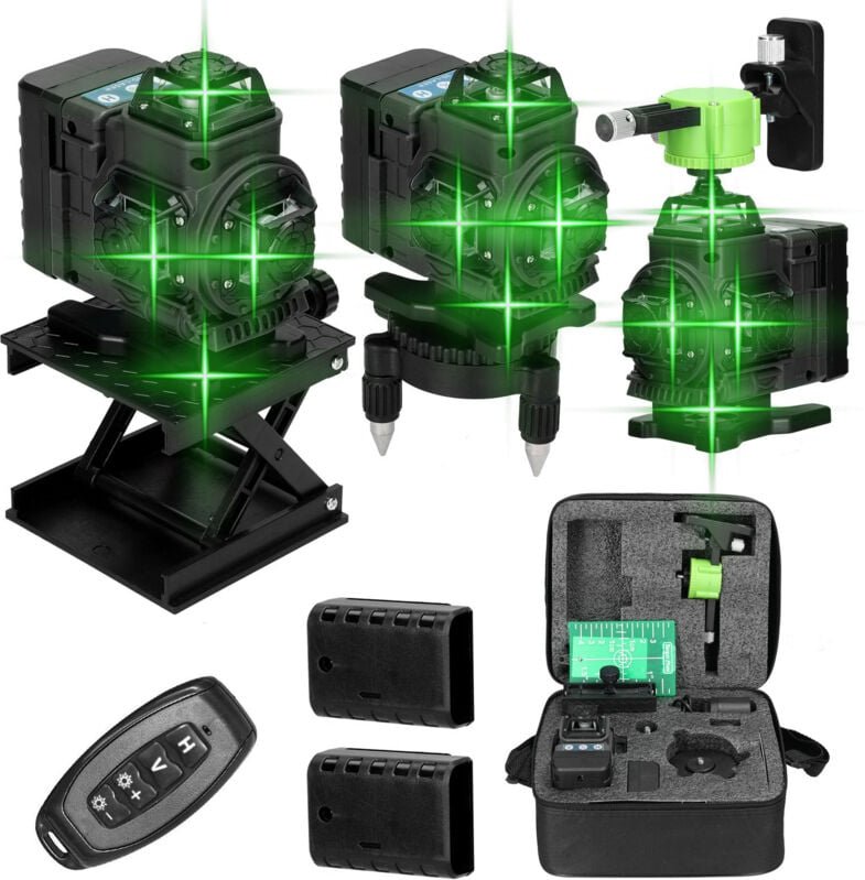 Grüner 360°-Laser, 4D-Kreuzlaser mit 16 Linien, selbstnivellierend, 2 x Batterie, Entfernung 30 m, Fernbedienung, Magnet...