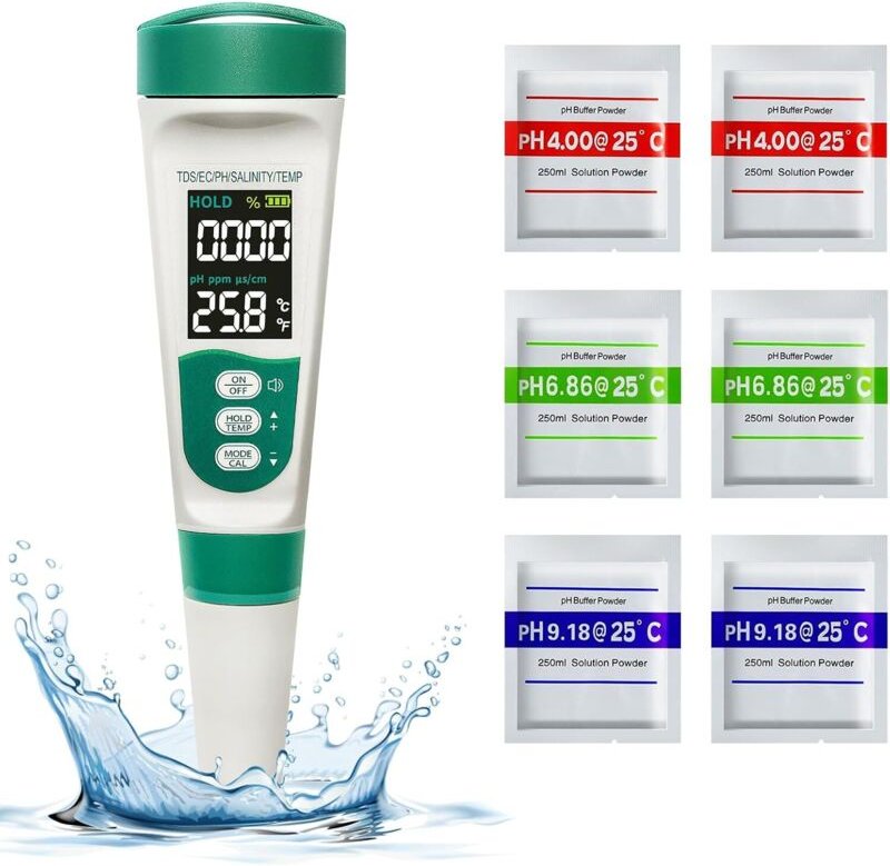 Elektronisches pH-Meter, 5-in-1-Pool-Tester-Set, pH-/TDS-/EC-/Salzgehalts-/Temperaturmessgerät, VA-Hintergrundbeleuchtun...