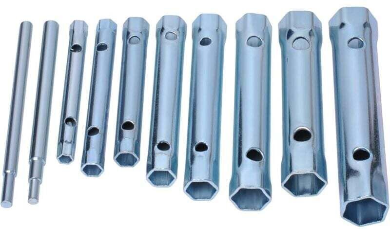 10-teiliges Set mit Doppelsteckschlüsseln, Rohrmuttern, Rückbohrer, Zündkerzenschlüssel und Verlängerungen (6–22 mm)