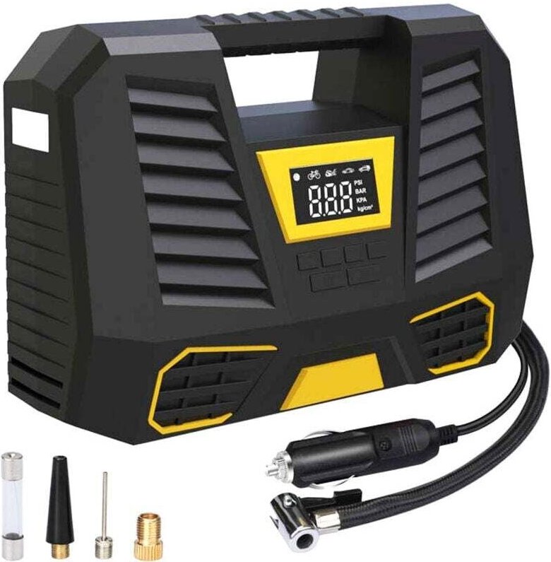 Tragbarer Luftkompressor, 150 PSI Autoreifenfüller, 3x2000mAh Mini 12V Reifenkompressor, Reifenpumpe mit digitalem LCD-B...