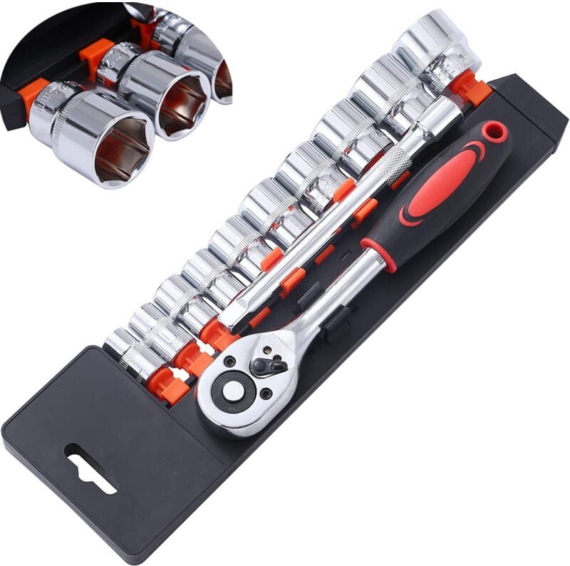 12-teiliger 1/4-Zoll-Steckschlüsselsatz, metrischer 4-13-mm-Antrieb mit 24-Zahn-Schnellspannratsche und 4-Zoll-Verlänger...