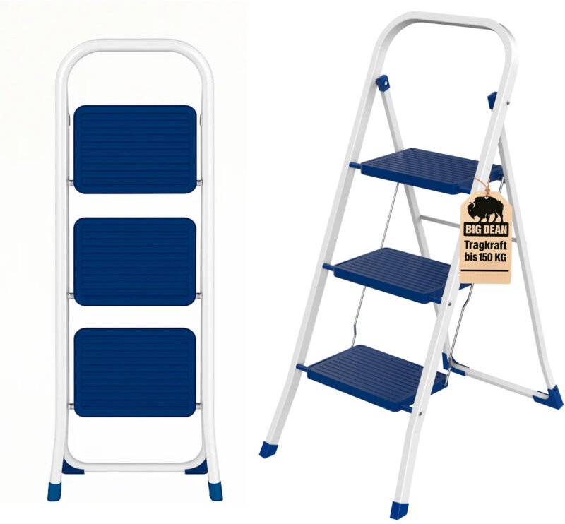 BigDean Trittleiter 3 Stufen klappbar TÜV geprüfte Sicherheit Leiter bis 150 kg belastbar Tritt klappbar Leiter 3 Stufen