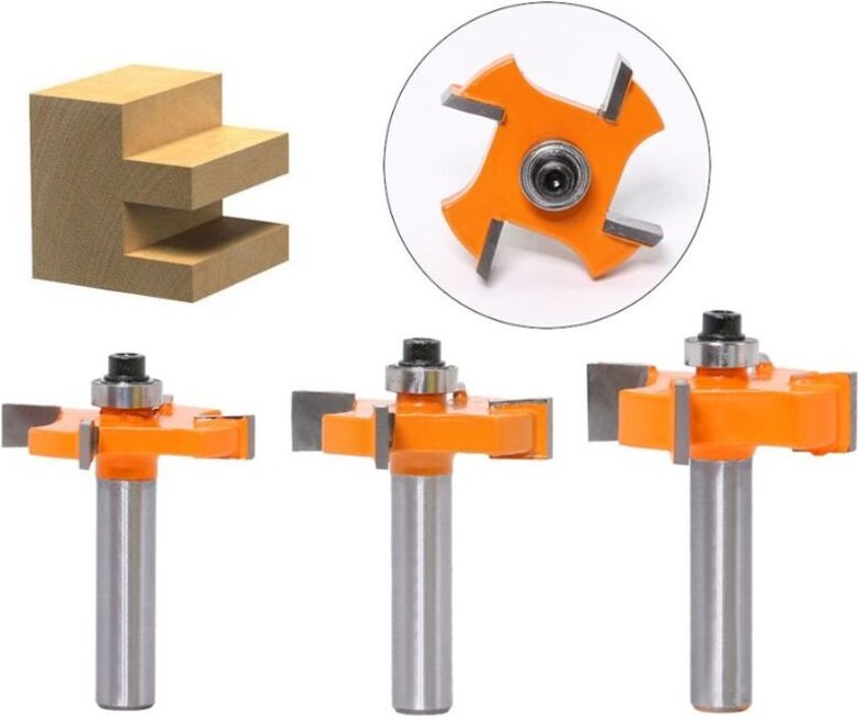 3-teiliges Nut- und Feder-Fräserset – 4 Klingen – 8-mm-Schaft – Holzbearbeitungswerkzeug – Türen, Tische, Regale