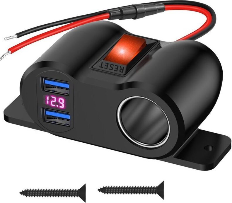 Doppel-USB-Kfz-Ladegerät, 36 W, 12 V, QC3.0, Zigarettenanzünder-Ladegerät mit Schalter und LED-Voltmeter, für Auto, Boot...