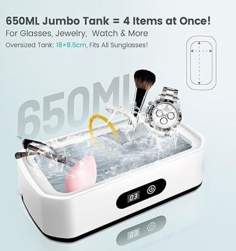 Ultraschallreiniger (650 ml), 49.000 Hz, geeignet für Brillen, Uhren, Schmuck, Münzen, Zahnspangen und Rasierköpfe, Ultr...