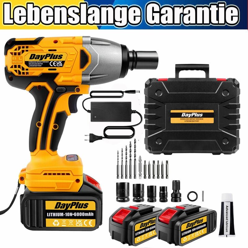Dayplus - 1800Nm Schlagschrauber Drehschlagschrauber Ratschen 1/2 Kfz Reifenwechsel 2 Akku