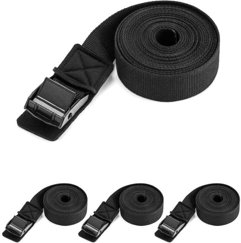 4-teiliges Spanngurtset mit kratzfesten Polstern, 2,5 mm x 3 m Spanngurte, maximale Traglast 250 kg, Schwarz